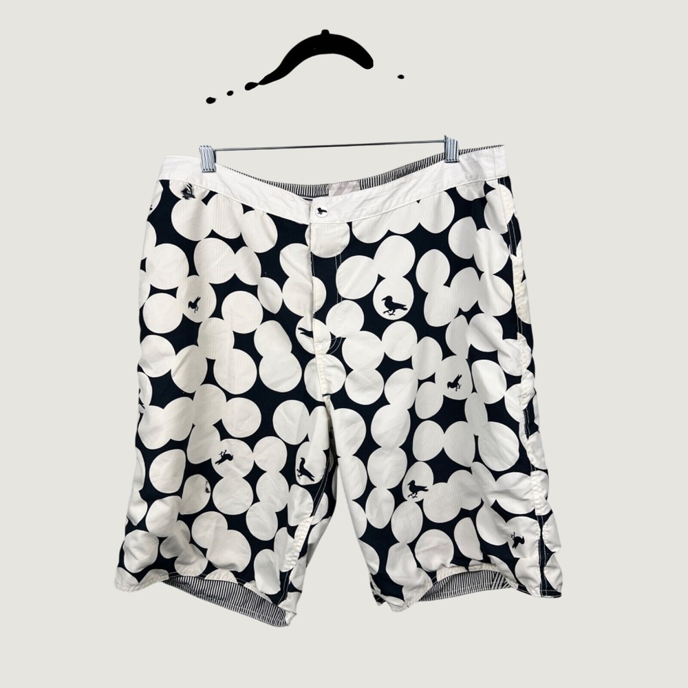 Modern Amusement Board Shorts Mens XL White Navy Reversible Polka Dot Bird